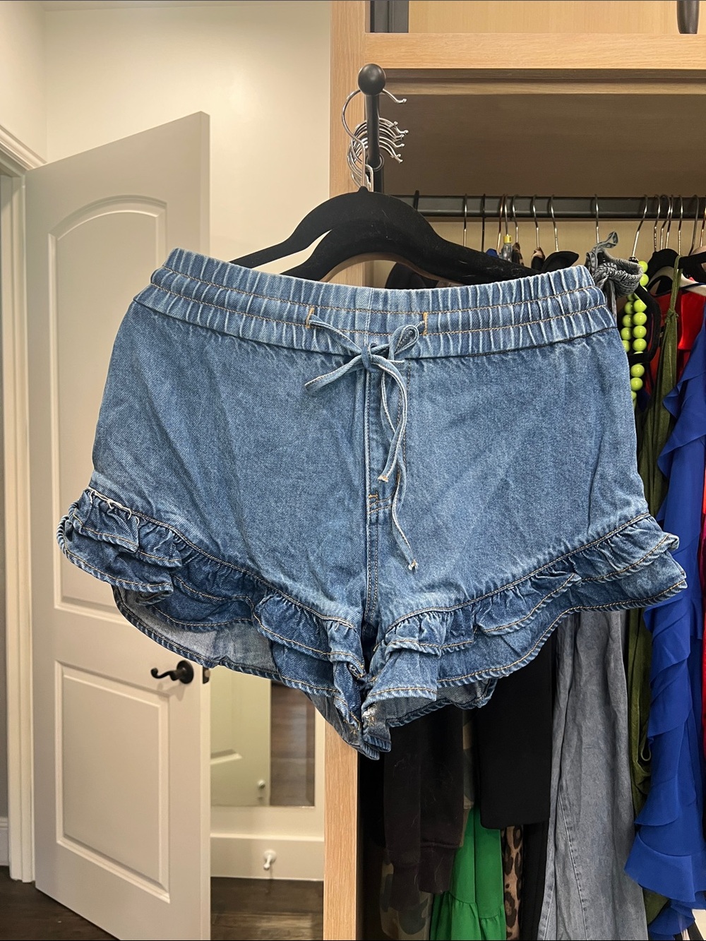 Fashion Nova Light Blue Ruffle Hem Denim Shorts